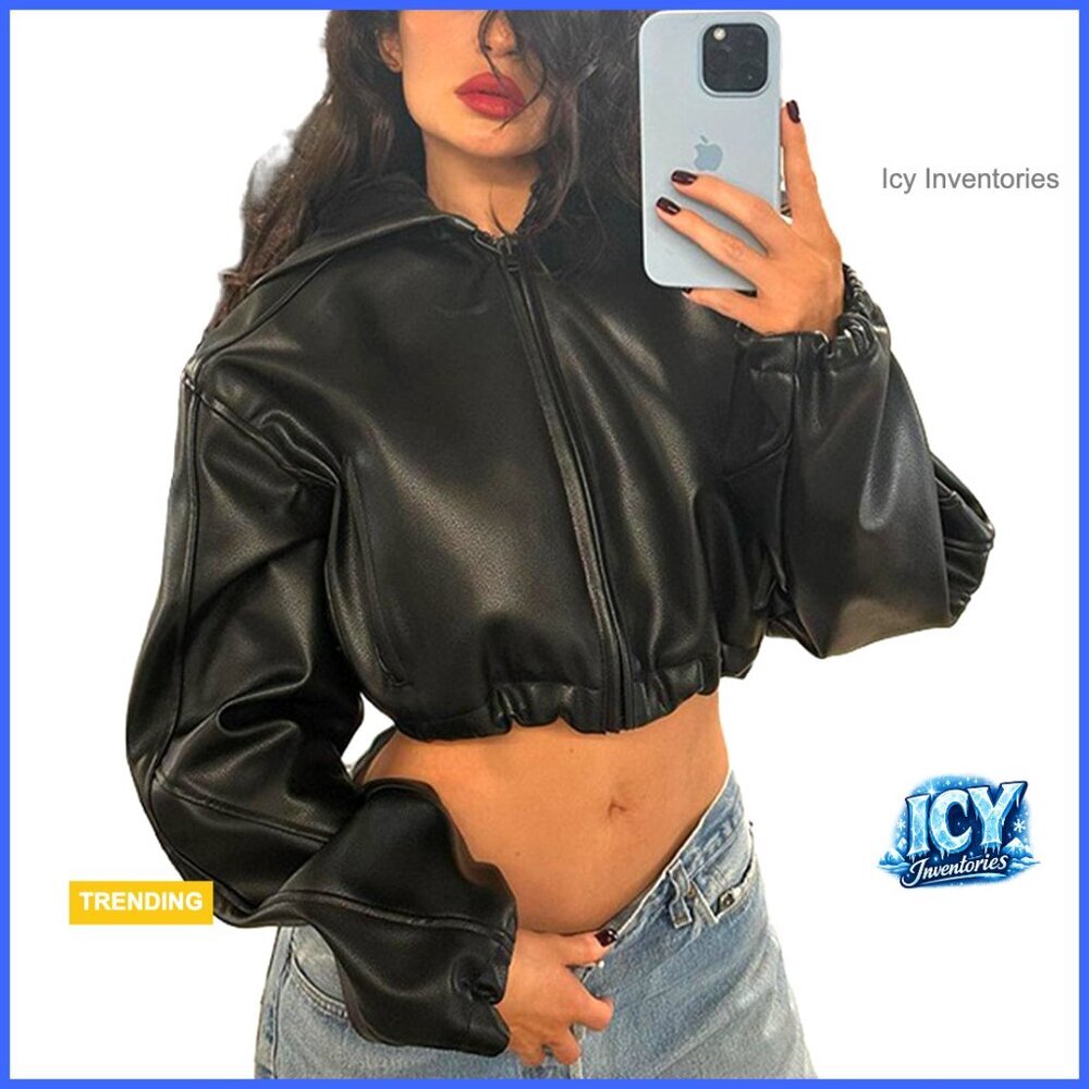 Leather Jacket Women Zip Up Hooded Cropped Bomber Motorcycle Jacket